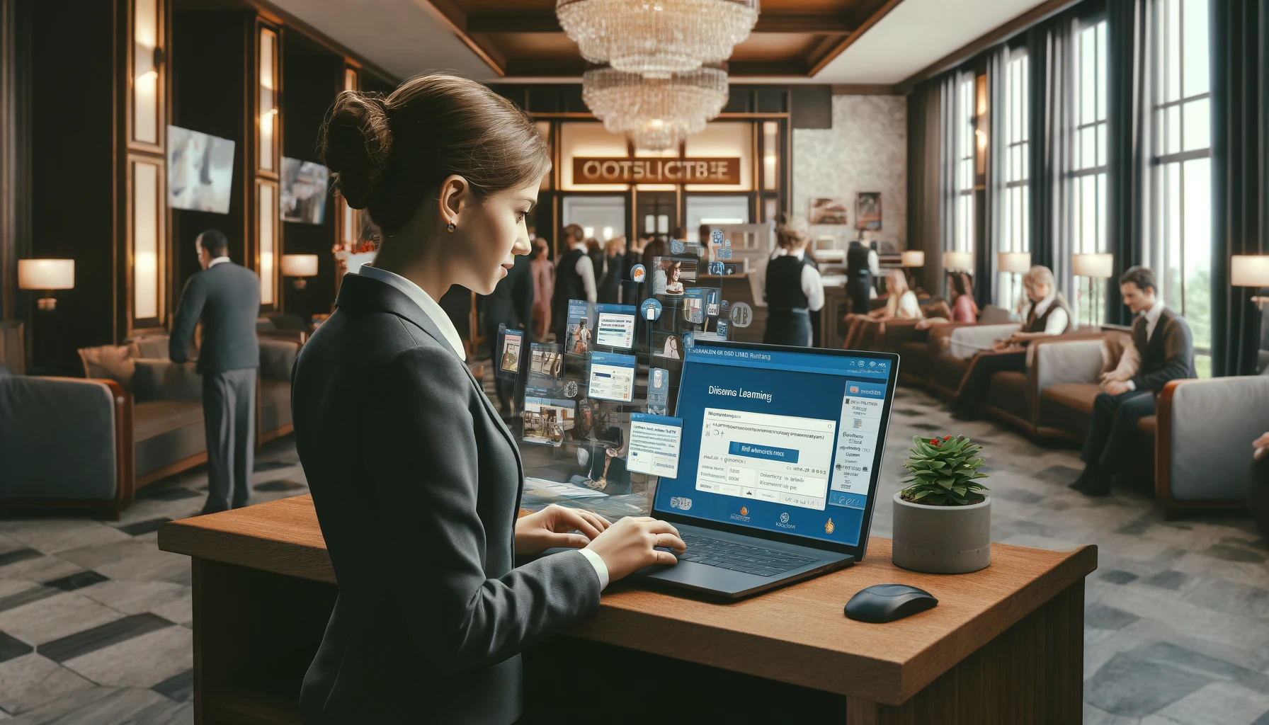 image hotel front office lady focusing on her online course