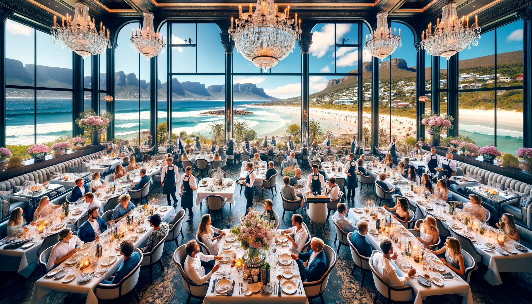 a bustling restaurant with waiters efficiently attending to tables