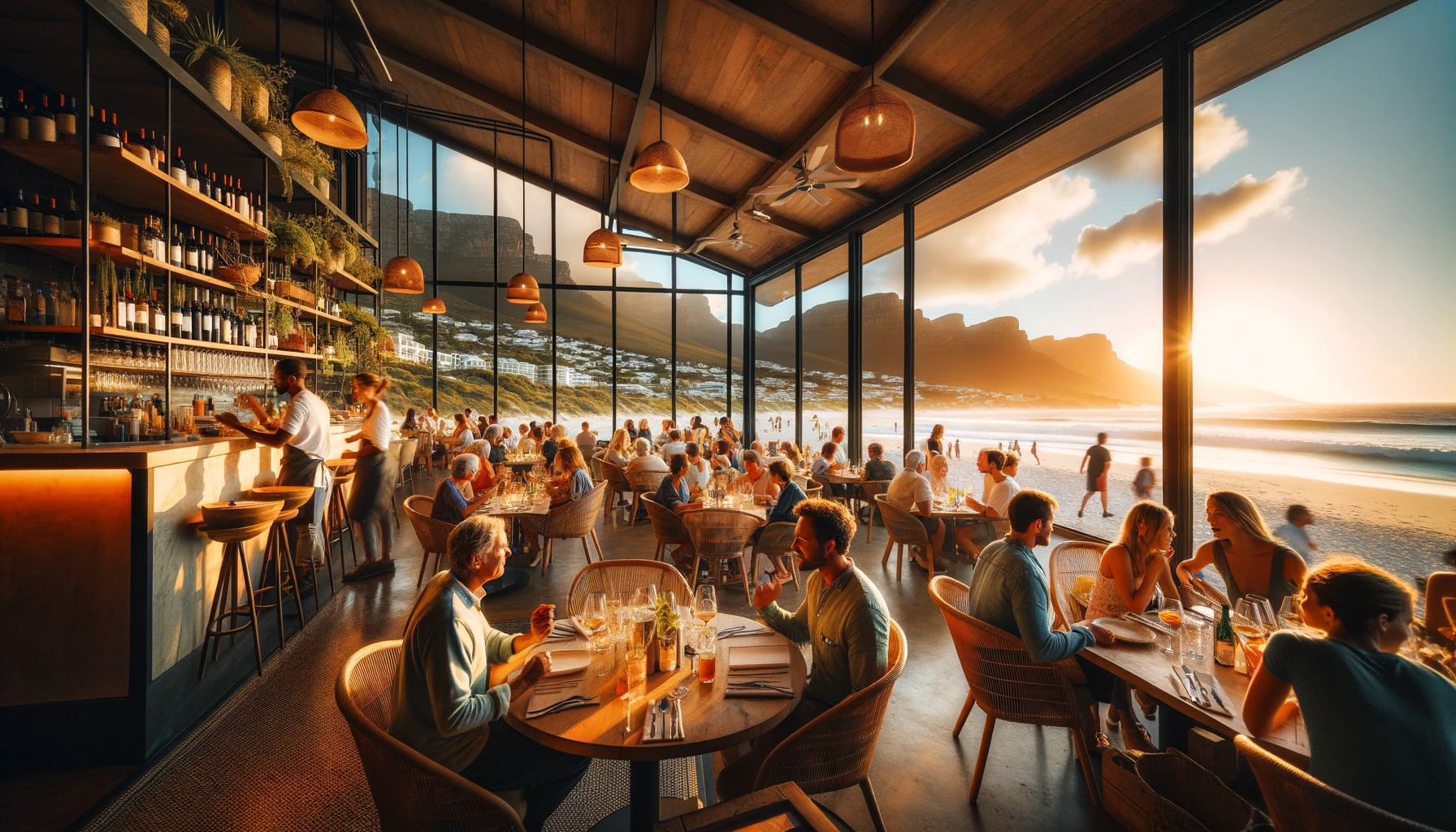 a modern restaurant with a beautiful ambiance and happy guests